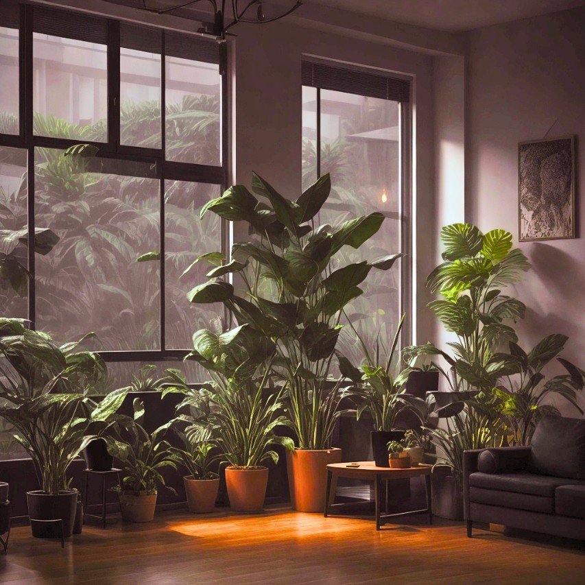 a room with large windows and house plants